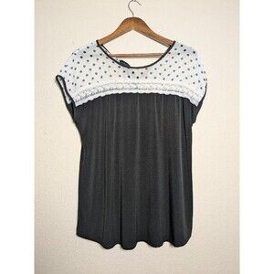 Black Mesh Polka Dot Sheer Lace Trim Baby Doll Blouse Cap Sleeve Romantic